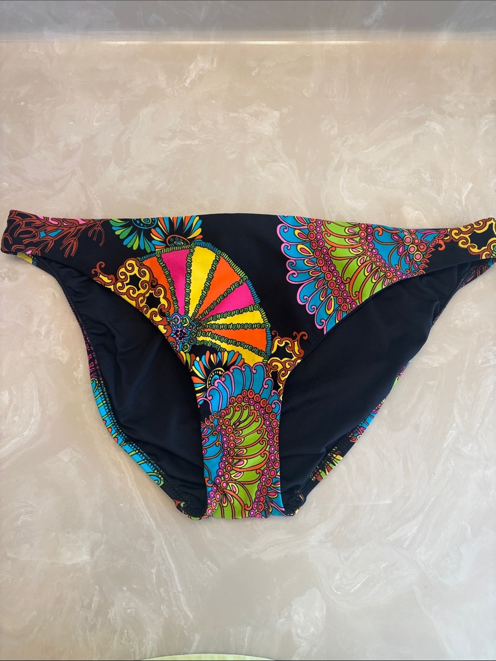 Trina Turk Black Paisley-Print Bikini Bottoms with Neon Accents size 10